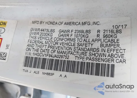 2018 Honda Accord Touring из США, поврежденный, VIN 1HGCV1F94JA029752